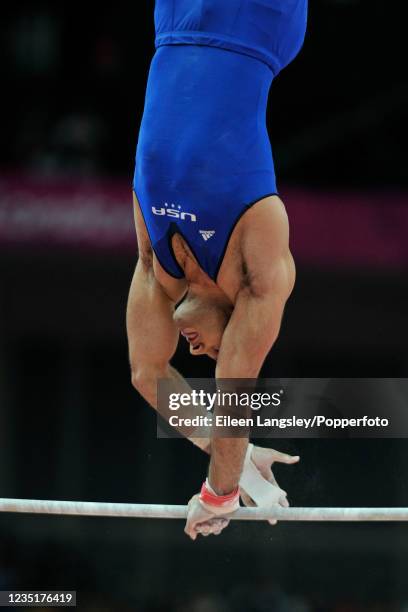 Danell Leyva representing the United States competing on horizontal bar in the mens artistic individual all-around final during day 5 of the 2012...