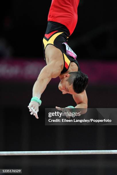 Close up of Marcel Nguyen representing Germany competing on horizontal bar in the mens artistic individual all-around final during day 5 of the 2012...