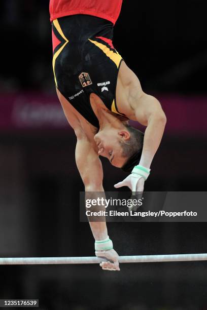 Close up of Marcel Nguyen representing Germany competing on horizontal bar in the mens artistic individual all-around final during day 5 of the 2012...