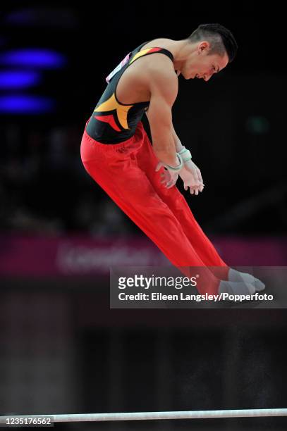 Marcel Nguyen representing Germany competing on horizontal bar in the mens artistic individual all-around final during day 5 of the 2012 Summer...