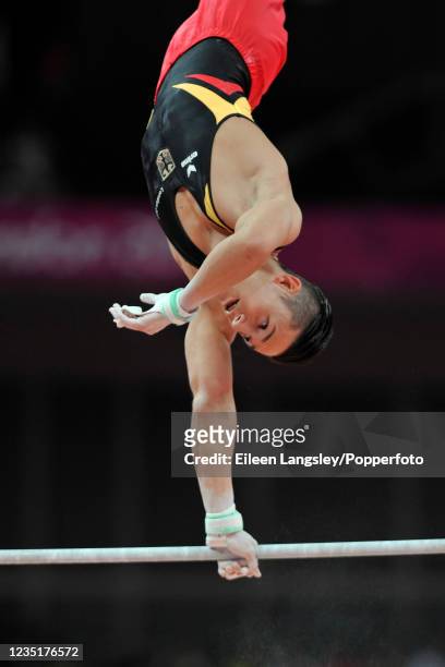 Close up of Marcel Nguyen representing Germany competing on horizontal bar in the mens artistic individual all-around final during day 5 of the 2012...