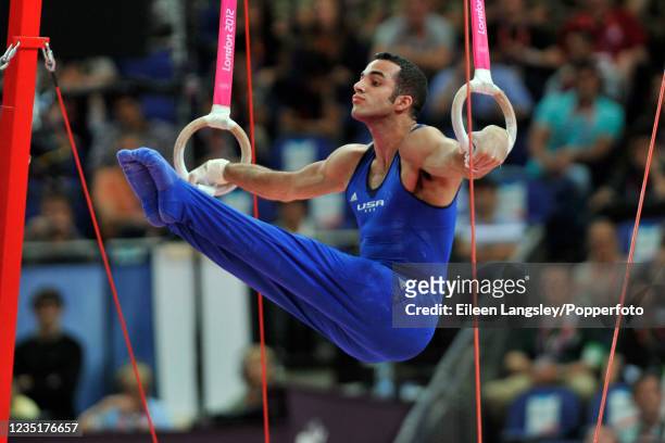 Danell Leyva representing the United States competing on rings in the mens artistic individual all-around final during day 5 of the 2012 Summer...