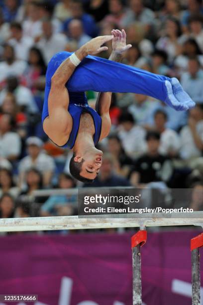 Danell Leyva representing the United States competing on parallel bars in the mens artistic individual all-around final during day 5 of the 2012...