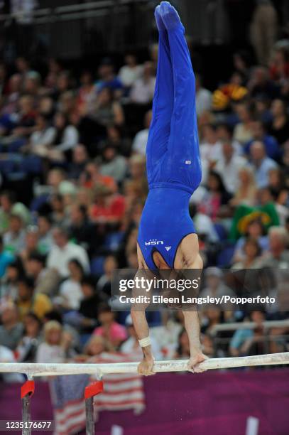 Danell Leyva representing the United States competing on parallel bars in the mens artistic individual all-around final during day 5 of the 2012...