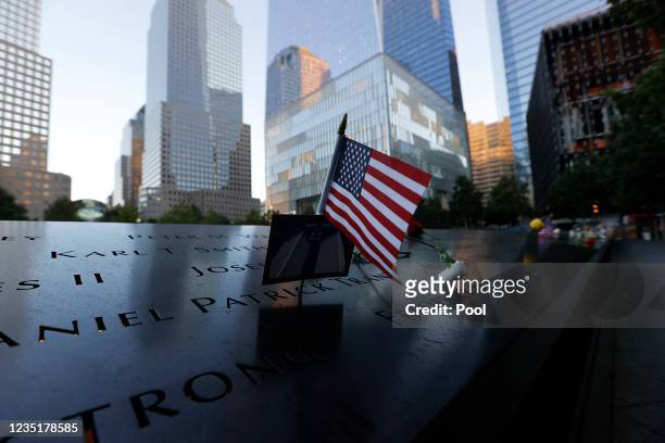 Detail of the 9/11 Memorial is seen before a ceremony at the National September 11 Memorial & Museum commemorating the 20th anniversary of the...