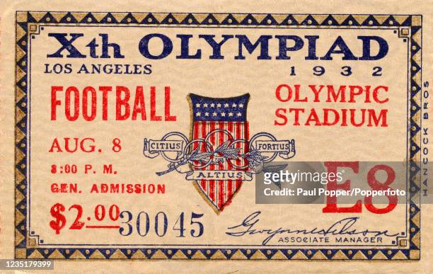 Original ticket for a football match during the 10th Summer Olympic Games at the Olympic Stadium in Los Angeles, California on 8th August 1932.