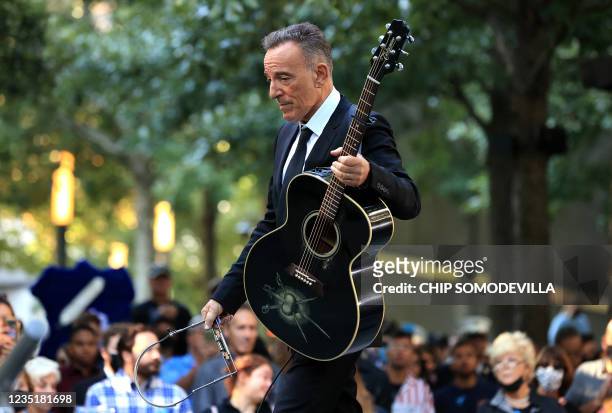Bruce Springsteen performs during the annual 9/11 Commemoration Ceremony at the National 9/11 Memorial and Museum on September 11, 2021 in New York.