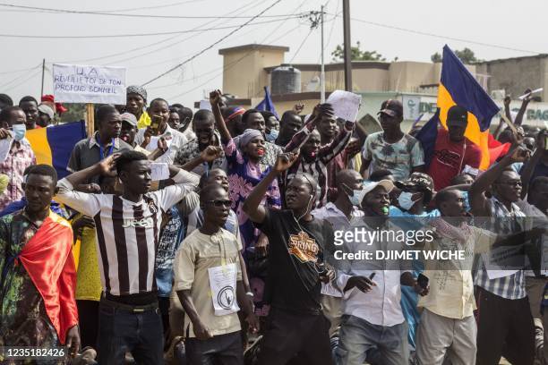 Demonstrators march through the streets of the Chadian capital N'Djamena on September 11 against the Junta that has ruled Chad since the death of...