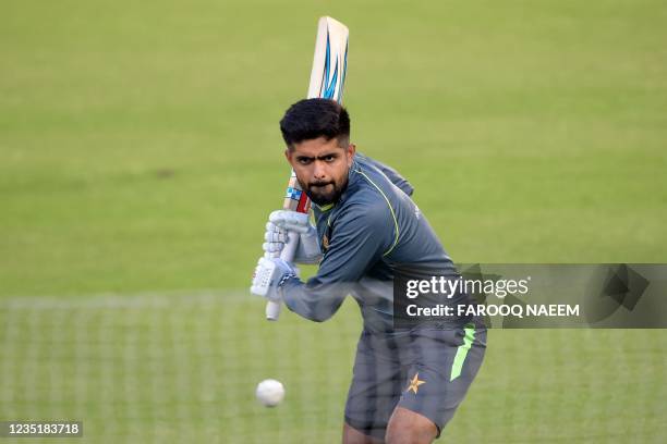 Pakistan's captain Babar Azam attends a practice session at the Rawalpindi Cricket Stadium in Rawalpindi on September 11, 2021 ahead of their first...