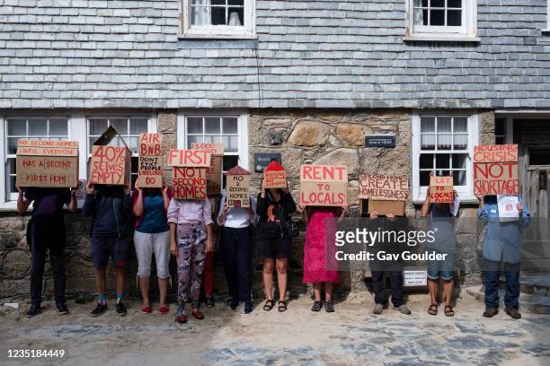 First Homes Not Second Homes protest on the 11th of September 2021 in St Ives, Cornwall, United Kingdom. First NOT Second Homes launched the campaign...