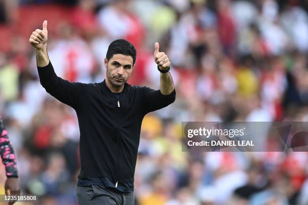 Arsenal's Spanish manager Mikel Arteta reacts at the final whistle during the English Premier League football match between Arsenal and Norwich City...