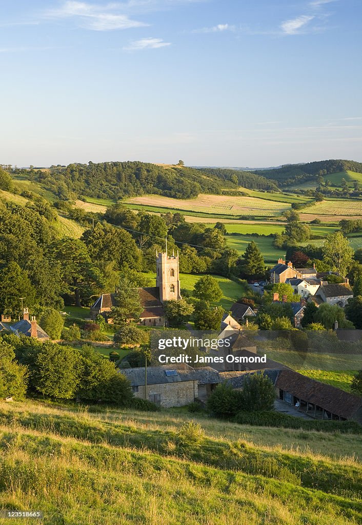 Looking down towards the rolling fields that surround the small village of Corton Denham in Somerset.