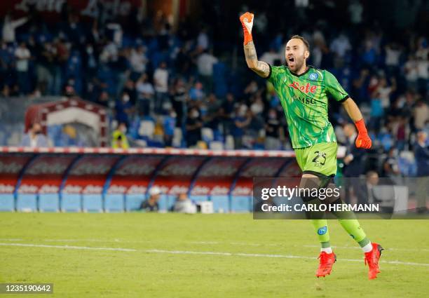 Napoli's Colombia's goalkeeper David Ospina celebrates at the end of the Serie A football match beetween Napoli and Juventus at The Maradona Stadium...