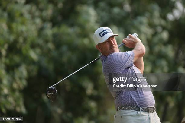 Jeff Maggert hits a tee shot on the second hole during the second round of the Ascension Charity Classic on September 11, 2021 at Norwood Hills...