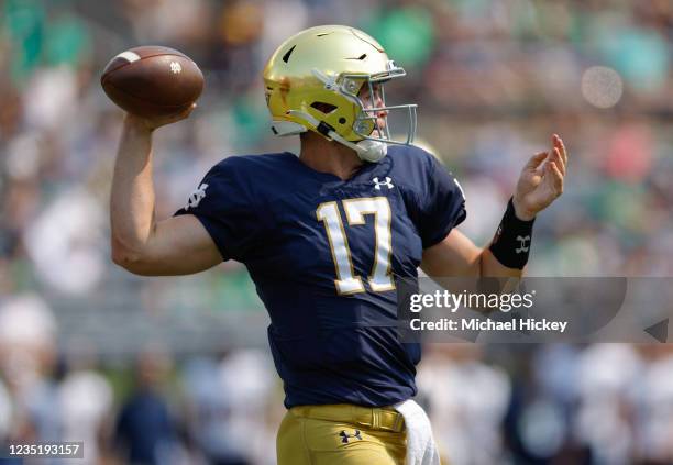 Jack Coan of the Notre Dame Fighting Irish throws the ball during the first half against the Toledo Rockets at Notre Dame Stadium on September 11,...