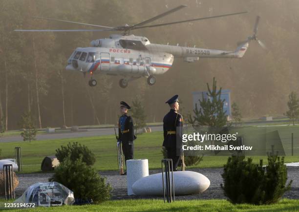 Russian President Vladimir Putin's Mil MI-8 helicopter arrives to the opening ceremony of the monument to Prince Alexander Nevsky and His Guard at...