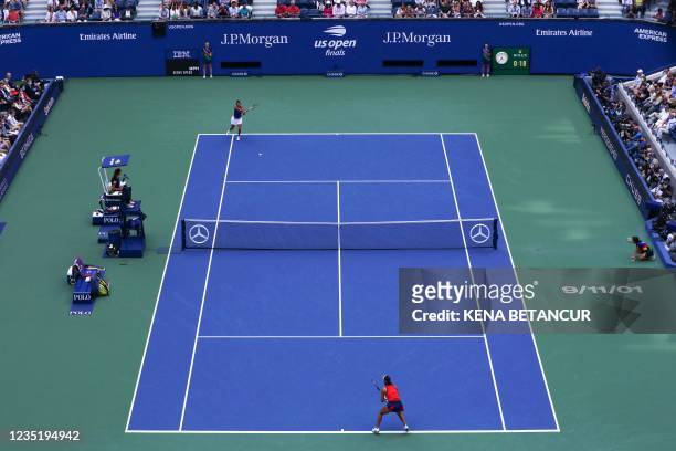 The date 9/11/01 is seen on the court on the 20th anniversary of 9/11 during the 2021 US Open Tennis tournament women's final match between Britain's...