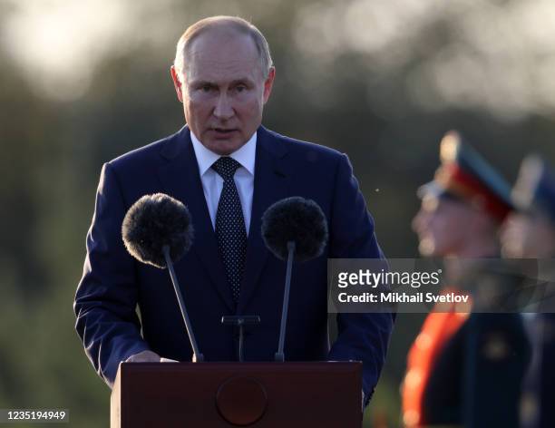 Russian President Vladimir Putin speeches during the opening ceremony of the monument to Prince Alexander Nevsky and His Guard at the supposed...
