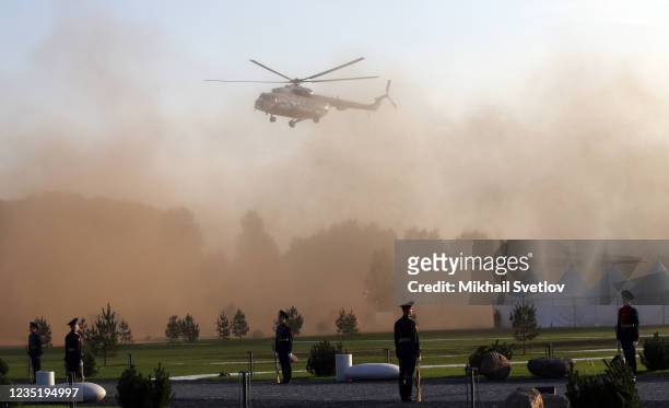 Russian President Vladimir Putin's Mil MI-8 helicopter arrives to the opening ceremony of the monument to Prince Alexander Nevsky and His Guard at...