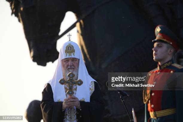 Russian Othodox Patriarch Kirill blesses the monument to Prince Alexander Nevsky and His Guard at the supposed location of 1224 Battle on Ice, also...