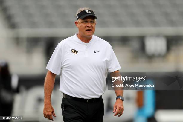 Head coach Gus Malzahn of the UCF Knights is seen during warmups against Bethune Cookman Wildcats at the Bounce House on September 11, 2021 in...