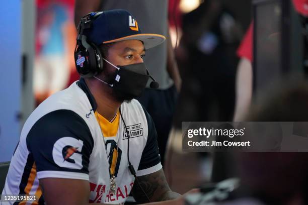 Yeah I Compete of the Jazz Gaming looks on during the game against the Blazers Gaming during the 2021 NBA 2K League Playoffs on August 26, 2021 in...