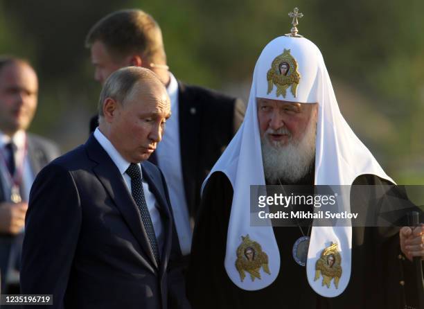 Russian President Vladimir Putin and Orthodox Patriarch Kirill attend the opening ceremony of the monument to Prince Alexander Nevsky and His Guard...