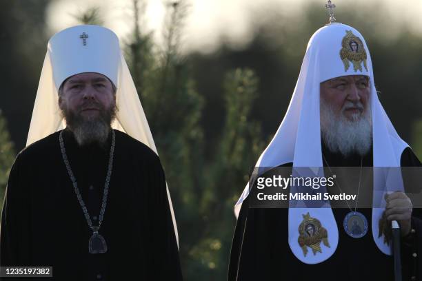 Russian Orthodox Metropopitan Tikhon Shevkunov and Orthodox Patriarch Kirill attend the opening ceremony of the monument to Prince Alexander Nevsky...