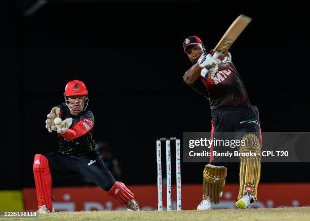 Kieron Pollard of Trinbago Knight Riders caught by Joshua de Silva of Saint Kitts & Nevis Patriots during the 2021 Hero Caribbean Premier League...