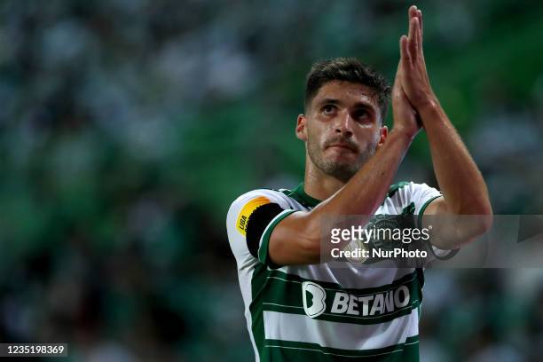 Ruben Vinagre of Sporting CP applauds during the Portuguese League football match between Sporting CP and FC Porto at Jose Alvalade stadium in...