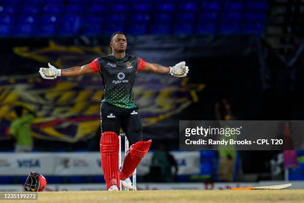 Evin Lewis of Saint Kitts & Nevis Patriots celebrates his century during the 2021 Hero Caribbean Premier League match 27 between Trinbago Knight...