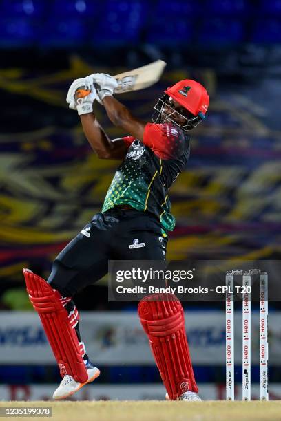 Evin Lewis of Saint Kitts & Nevis Patriots hits 6 during the 2021 Hero Caribbean Premier League match 27 between Trinbago Knight Riders and Saint...
