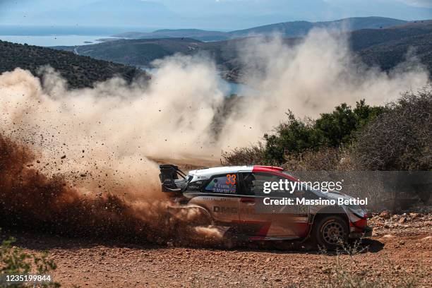 Elfyn Evans and Scott Martin of Great Britain compete with their Toyota Gazoo Racing WRT Toyota Yaris WRC during Day Three of the FIA World Rally...