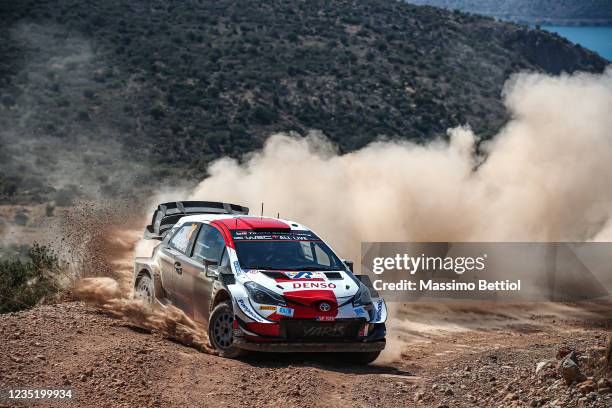 Elfyn Evans and Scott Martin of Great Britain compete with their Toyota Gazoo Racing WRT Toyota Yaris WRC during Day Three of the FIA World Rally...