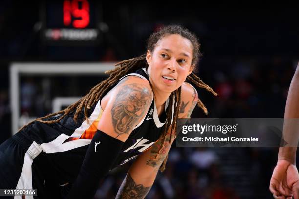 Brittney Griner of the Phoenix Mercury looks on during the game against the Connecticut Sun on September 11, 2021 at Footprint Center in Phoenix,...