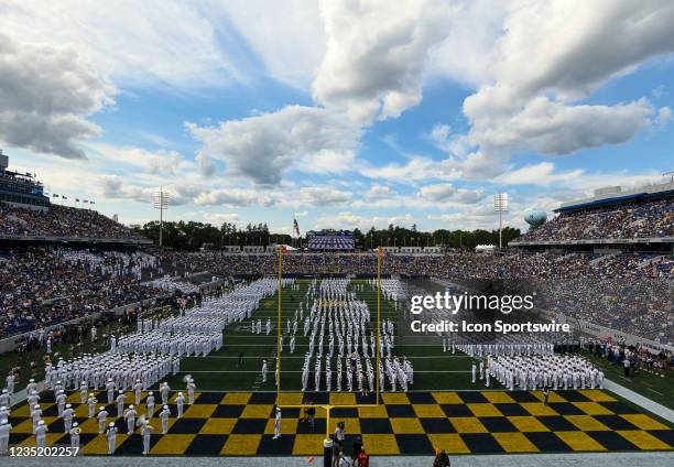 The Brigade of the Midshipmen take the field for the Air Force game versus the Navy on September 11, 2021 at Navy - Marine Corps Memorial Stadium in...