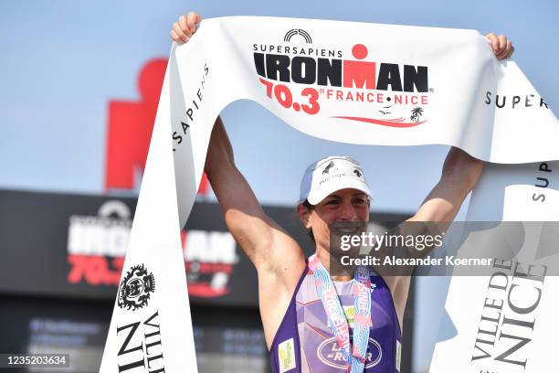 Nicola Spirig of Switzerland finishes first place at the Supersapiens IRONMAN 70.3 Nice on September 12, 2021 in Nice, France.