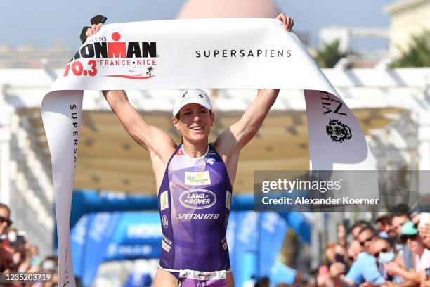 Nicola Spirig of Switzerland finishes first place at the Supersapiens IRONMAN 70.3 Nice on September 12, 2021 in Nice, France.
