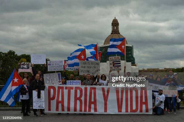 Members of the local Cuban, Nicaraguan and Venezuelan diaspora, activists and local sympathizers seen outside the Alberta Legislature building during...