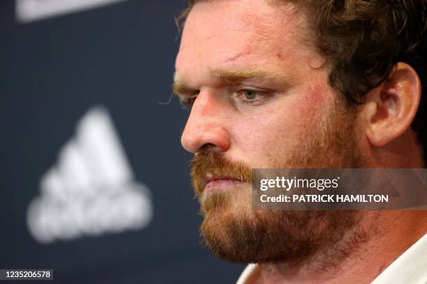 Argentina's hooker and captain Julian Montoya attends a press conference after the Rugby Championship match against New Zealand at Cbus Super Stadium...