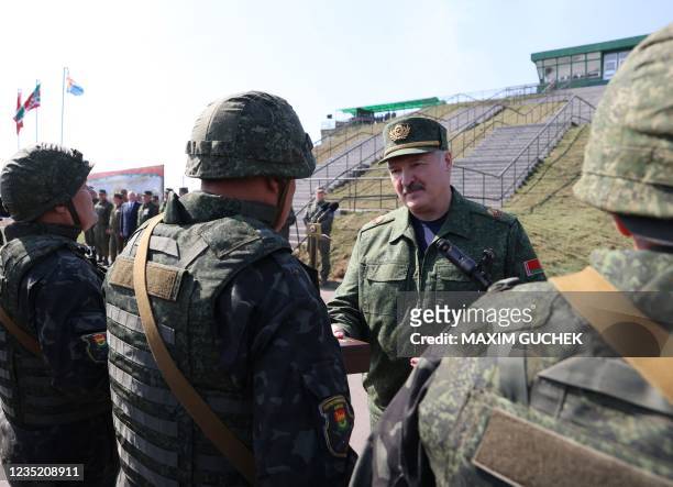Belarus' President Alexander Lukashenko greets the troops during a military drill outside Brest, on September 12, 2021. - Belarus strongman Alexander...