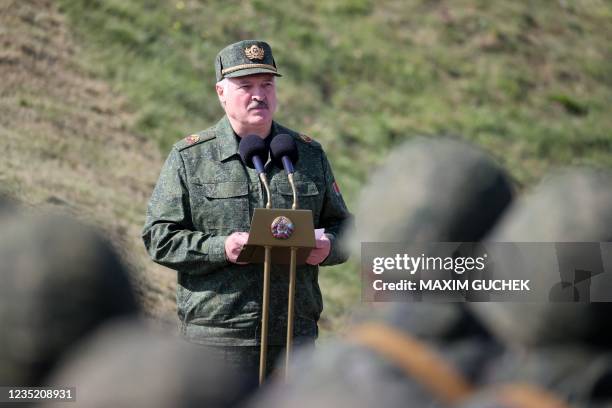 Belarus' President Alexander Lukashenko greets the troops during a military drill outside Brest, on September 12, 2021. - Belarus strongman Alexander...