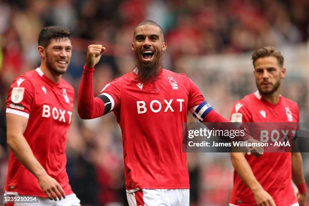 Lewis Grabban of Nottingham Forest celebrates after scoring a goal to make it 1-0 during the Sky Bet Championship match between Nottingham Forest and...