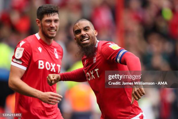 Lewis Grabban of Nottingham Forest celebrates after scoring a goal to make it 1-0 during the Sky Bet Championship match between Nottingham Forest and...