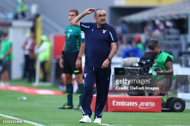 Maurizio Sarri, head coach of SS Lazio gestures during the Serie A match between AC Milan and SS Lazio at Stadio Giuseppe Meazza on September 12,...
