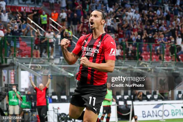 Zlatan Ibrahimovic of AC Milan celebrates after scoring the his team's second goal during the Serie A match between AC Milan and SS Lazio at Stadio...