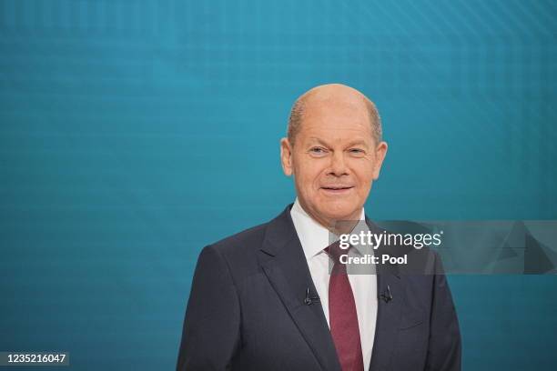 Olaf Scholz of the Social Democrats during the 2nd "Triell" televised debate on September 12, 2021 in Berlin, Germany. Laschet, Olaf Scholz of the...