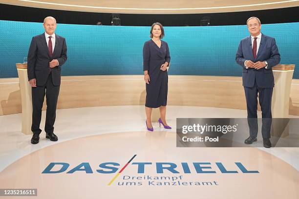 Armin Laschet, leader of the German Christian Democrats and CDU/CSU, Olaf Scholz of the Social Democrats and Annalena Baerbock of the Greens Party...