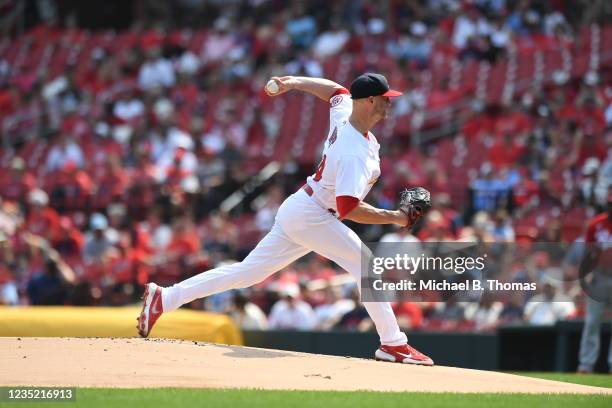 Starting pitcher J.A. Happ of the St. Louis Cardinals pitches in the first inning against the Cincinnati Reds at Busch Stadium on September 12, 2021...