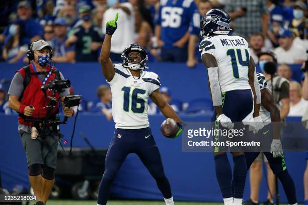 Seattle Seahawks Wide Receiver Tyler Lockett celebrates his touchdown during an NFL game between the Seattle Seahawks and the Indianapolis Colts on...